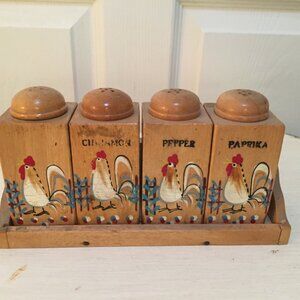 Vintage Kitschy MCM Wooden Spice Rack Set Rooster